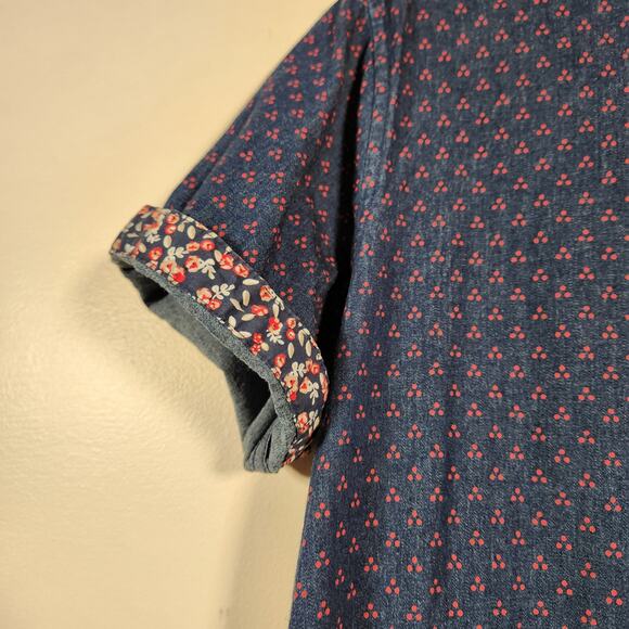 7 DIAMONDS Denim Stretch SS Button Down Mens M Navy Blue Red Geometric  Casual - Picture 8 of 10